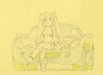  arancia car color_trace crop_top crossed_legs ground_vehicle lineart long_hair lotus_(brand) lotus_cars lotus_elise miniskirt monochrome motor_vehicle navel on_vehicle original shiwasu_takashi sitting sketch skirt solo twintails 