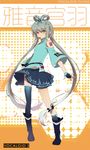  bow fingerless_gloves gloves grey_hair hair_bow headset liusang long_hair luo_tianyi mismatched_legwear short_hair_with_long_locks single_thighhigh skirt solo thighhighs very_long_hair vocaloid vocanese yellow_eyes 