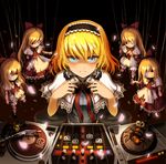  album_cover alice_margatroid blonde_hair blue_dress blue_eyes bow capelet cover dj doll_joints dress glowing glowing_eye hair_bow hairband hanging headphones hourai_doll iosys long_hair marionette missing_eye mixing_console puppet red_dress shaded_face short_hair sitting smile solo_focus torn_clothes touhou ume_(illegal_bible) 