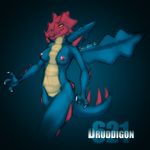  blue breasts claws cynder-the-dragon druddigon female nipples pok&eacute;mon scalie solo spikes tail wings yellow_eyes 