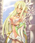  :p breast_hold breast_lift breasts cleavage detached_collar dress ecell elf elsword flower grand_archer_(elsword) green_eyes green_hair hair_flower hair_ornament large_breasts long_hair looking_at_viewer navel pointy_ears rena_(elsword) skirt solo tongue tongue_out 