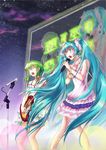  aqua_eyes aqua_hair bare_shoulders bracelet closed_eyes green_hair guitar gumi hair_ribbon hand_on_own_chest hatsune_miku highres instrument jewelry kumo_ryuun long_hair microphone microphone_stand multiple_girls music open_mouth ribbon short_hair singing skirt twintails very_long_hair vocaloid 