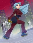  blue_hair breasts candy food gloves highres ice_skating jason_robinson kula_diamond large_breasts lollipop long_hair purple_eyes skating solo the_king_of_fighters 