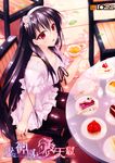  absurdres black_hair black_legwear boots breasts cake chair cleavage creamer_(vessel) cup dress food fork from_above hairband hayakawa_harui highres leaf light_smile long_hair looking_at_viewer medium_breasts okushiro_yuki pantyhose plate red_eyes shoujo_shin'iki_shoujo_tengoku solo spoon teacup very_long_hair white_dress 