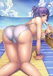  ahoge all_fours ass bare_shoulders basket beach bikini bird blue_eyes bracelet breasts cloud copyright_request day dripping food from_behind gonster highres holding jewelry large_breasts looking_back ocean outdoors popsicle purple_hair sand sexually_suggestive sky solo sucking swimsuit towel trefoil underboob water waves wet white_bikini 