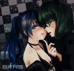  bad_id bad_pixiv_id bare_shoulders bikini_top black_hair black_rock_shooter black_rock_shooter_(character) blue_eyes checkered checkered_background dead_master french_kiss glasses green_eyes green_hair kiss letta long_hair looking_at_viewer multiple_girls ponytail saliva star upper_body yuri 