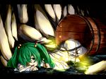  bug enclosed0 green_eyes green_hair hair_bobbles hair_ornament highres kisume letterboxed lying on_stomach open_mouth river rope short_hair solo spider tears touhou tunnel twintails 