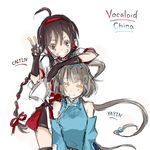  bad_id bad_pixiv_id black_hair braid captain_yue fingerless_gloves gloves grey_hair grin long_hair lowres luo_tianyi multiple_girls red_eyes simple_background sketch smile twintails v vocaloid vocanese yellow_eyes yuezheng_ling 
