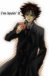  bad_id bad_pixiv_id black_eyes black_hair command_spell creep emiya_kiritsugu english facial_hair fate/zero fate_(series) food hamburger highres long_coat male_focus mcdonald's necktie puffy_cheeks solo stubble 