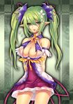  absurdres aisha_(elsword) aisha_(elsword)_(cosplay) arms_behind_back bare_shoulders battle_magician_(elsword) blush breasts cleavage cosplay dress elsword embarrassed flower green_eyes green_hair hair_flower hair_ornament halterneck highres large_breasts long_hair open_mouth panties pointy_ears purple_skirt rena_(elsword) skirt solo twintails underwear white_panties windread12 