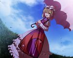  :d absurdres bad_id bad_pixiv_id blonde_hair bow cloud day dress fisheye grass hair_bow hat hat_bow haze highres looking_at_viewer open_mouth outdoors s-syogo sky smile solo tabard touhou umbrella v-shaped_eyebrows yakumo_yukari yellow_eyes 