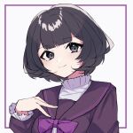  1girl black_eyes black_hair border closed_mouth hand_on_own_chest head_tilt highres long_sleeves looking_at_viewer mamiya_ritsu oshima_hanto paradigm_paradox purple_border purple_serafuku school_uniform serafuku short_hair smile solo white_background 