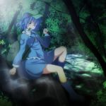  backpack bad_id bad_pixiv_id bag blue_eyes blue_hair boots cucumber hair_bobbles hair_ornament hat highres kawashiro_nitori key light_rays s-syogo short_hair sitting smile solo sunbeam sunlight touhou two_side_up 