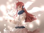  ahoge detached_sleeves face feathers headphones long_hair piku_(pikumin) red_eyes red_hair sf-a2_miki smile solo vocaloid wings 