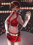 1girl :d audience belt breasts brown_eyes brown_hair cleavage concert crop_top crowd glowstick hand_on_hip holding holding_microphone itoko_(i_t_k) large_breasts looking_at_viewer meiko microphone microphone_stand midriff miniskirt navel open_mouth red_skirt short_hair skirt smile stage_lights sweatdrop thighs unzipped vocaloid zipper zipper_pull_tab 
