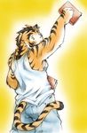  book clothing feline fur jeans kokuhane looking_at_viewer male mammal pants plain_background shirt solo standing stripes tank_top tiger yellow_background yellow_eyes 