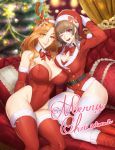  2girls absurdres animal_ears antlers bangs bare_shoulders belt blunt_bangs blush bow bowtie breasts brown_hair buttons christmas christmas_tree cleavage covered_navel damegane detached_collar earrings fake_antlers fur_trim gloves hat highres hips jewelry large_breasts leotard long_hair looking_at_viewer merry_christmas multiple_girls one_eye_closed open_mouth orange_eyes orange_hair original parted_bangs pink_eyes red_gloves red_legwear red_leotard red_neckwear reindeer_antlers reindeer_ears santa_costume santa_hat smile solo thighhighs thighs white_legwear 