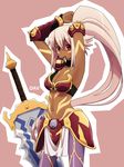  .hack//quantum 1girl adjusting_hair armor choker dark_skin dav-19 facial_mark loincloth long_hair maria_(.hack//) midriff mouth_hold navel pink_background pink_hair ponytail red_eyes solo sword weapon 