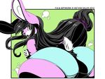  big_butt black_hair butt chubby clothed clothing deonwolf female fia fur green_eyes hair lagomorph long_ears long_hair looking_at_viewer looking_back mammal nails open_mouth panties pink pink_fur purple_nose rabbit skimpy solo surprise surprised tail thighs underwear white white_fur 