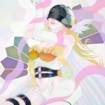  angewomon armor asymmetrical_clothes bare_shoulders belt blonde_hair breastplate breasts cleavage digimon digimon_adventure gel_shu gloves groin head_wings helmet large_breasts lips lipstick long_hair makeup mismatched_gloves navel navel_cutout ribbon thigh_strap 