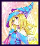  amiko bad_id bad_pixiv_id bare_shoulders blonde_hair blue_eyes blush character_name copyright_name dark_magician_girl duel_monster gradient gradient_background hat jewelry necklace pentacle pink_background solo yellow_background yuu-gi-ou yuu-gi-ou_duel_monsters 