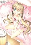 ;d ahoge barefoot bed blanket blonde_hair blue_eyes copyright_request fang from_above highres long_hair looking_up no_shoes one_eye_closed open_mouth panties pillow pink_panties sitting smile solo source_request strap_slip underwear wariza yan-yam yawning 