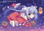  2011 ass blue_hair character_request christmas copyright_request cover elbow_gloves gift gloves hair_bobbles hair_ornament hat hat_removed headwear_removed highres holding hood hoodie kneeling long_hair looking_at_viewer purple_eyes red_gloves santa_costume santa_hat solo star suzuhira_hiro sweater thighhighs twintails white_legwear 