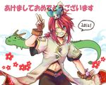  2012 :3 bad_id bad_pixiv_id belt coat creature dragon flower gloves green_eyes grin luke_fon_fabre male_focus mieu one_eye_closed pants red_hair simple_background smile tales_of_(series) tales_of_the_abyss tara_(677965) v white_background 