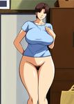  1girl arm_behind_back bottomless breasts brown_eyes brown_hair cirima curvy female hand_behind_back hand_on_another's_chest hand_on_chest hikaru_no_go hips large_breasts legs milf pubic_hair shindou_mitsuko shirt short_hair smile solo standing thighs volvox 
