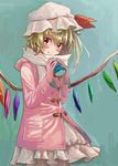  :q alternate_costume blonde_hair blush can coat flandre_scarlet gloves hat highres matsutani red_eyes scarf short_hair side_ponytail smile solo tongue tongue_out touhou wings 