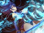  1girl bandage blood blue_eyes blue_hair breasts female fire flames game_cg girl katana large_breasts lilith-soft long_hair male_hand misao_~injoku_ninpouden~ ninja pov sword weapon yukishiro_misao 