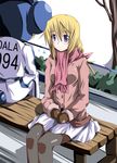  1girl bench blonde_hair charlotte_dunois chunichi_dragons clothes_writing crossover doala infinite_stratos long_hair mister_(black_and_white) mittens nippon_professional_baseball pantyhose park_bench purple_eyes scarf winter_clothes 