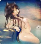  animal_ears arched_back black_hair breasts cat_ears cat_tail green_eyes highres lips long_hair looking_at_viewer nicole_pmonachi nipples nude onsen original seal small_breasts solo tail wading water 