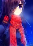  black_hair hair_over_one_eye ikezawa_hanako katawa_shoujo long_hair namie-kun purple_eyes red_scarf scar scarf solo 