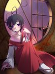  ahoge black_hair blush full_moon glowing glowing_eye japanese_clothes masaki_(machisora) miko moon off_shoulder paper_man peeping purple_eyes round_window short_hair sitting solo stalking window 