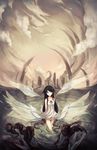  bad_id bad_pixiv_id bare_shoulders black_hair camisole cityscape cloud cloudy_sky green_eyes highres long_hair saimon_ma saya saya_no_uta sidelocks sky solo wings 