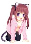  :d all_fours animal_ear_fluff animal_ears black_legwear cat_ears cat_tail child fake_animal_ears fang full_body hood hood_down hoodie long_hair looking_at_viewer meito_(maze) naked_hoodie no_bra open_clothes open_mouth original purple_eyes red_hair simple_background smile solo sweater tail thighhighs twintails 