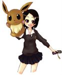  :3 arm_up arms_up bad_id bad_pixiv_id bangs black_hair blush brown_eyes cellphone cellphone_strap dress_shirt eevee gen_1_pokemon hair_ornament hairpin hand_puppet holding necktie ngayope parted_bangs phone pleated_skirt pokemon pokemon_(creature) puppet school_uniform shirt short_hair skirt sleeves_pushed_up smile solo sweater uniform 