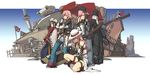  bellbottoms brown_hair building buster_sword cannon cowboy_hat denim desert fingerless_gloves fringe_trim fuchida_kazuhiro gloves gun handgun hat katana multiple_girls original pink_hair revolver robot scarf shorts sword thigh_strap thighhighs top_hat weapon western whip white_hair 