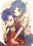  1girl bad_id bad_pixiv_id blue_eyes blue_hair blush cloak inazuma_eleven_(series) inazuma_eleven_go kurodeko long_hair open_mouth school_uniform short_hair sorano_aoi tsurugi_kyousuke yellow_eyes 