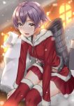  1girl :d antenna_hair arm_support bangs belt blurry blush breasts christmas coat collarbone commentary_request depth_of_field drawstring fur-trimmed_coat fur-trimmed_legwear fur-trimmed_sleeves fur_trim kantai_collection long_sleeves looking_at_viewer machinery miniskirt open_mouth outdoors pallad pleated_skirt purple_hair red_coat red_legwear red_skirt sack sailor_collar sailor_shirt sakawa_(kantai_collection) santa_costume shirt short_hair sidelocks sitting skirt small_breasts smile smokestack snowing solo tareme thighhighs yellow_eyes zettai_ryouiki 