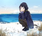  akiru_(igel-flutter) black_hair clouds grass long_hair original pantyhose purple_eyes scarf scenic school_uniform skirt sky snow water 