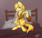  2012 balls bed blanket braeburn braeburn_(mlp) clothed clothing cowboy_hat equine feral friendship_is_magic fur green_eyes hair hat hellticket horse inside looking_at_viewer male mammal my_little_pony orange_hair penis pillow pony solo vest yellow_fur 