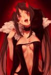 :d absurdres arm_up bangs black_dress blood blood_on_face blood_stain blush breasts brown_hair center_opening choker consort_yu_(fate) cyta_celest dress fate/grand_order fate_(series) fur_collar head_tilt highres horns long_hair looking_at_viewer open_mouth red_background red_eyes sidelocks simple_background smile solo teeth upper_body wide_sleeves 