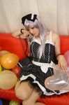  balloon balloons bow cosplay couch dress hair_bow hairbow nail_polish photo polka_dot polka_dot_dress red_upholstery ribbon saya saya_(cosplayer) silver_hair sitting 