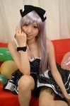  balloon balloons bow cosplay couch dress hair_bow hairbow photo polka_dot polka_dot_dress red_upholstery ribbon saya saya_(cosplayer) silver_hair sitting 