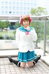  amami_haruka chippi cosplay hairbows highres idolmaster knee_socks kneehighs photo sailor sailor_uniform school_uniform serafuku 