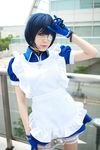  blue_hair boots cosplay cuffs eyepatch gloves handcuffs highres ikkitousen kneehighs maid maid_apron maid_uniform namada photo ryomou_shimei ryomou_shimei_(cosplay) 