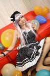  1girl balloon balloons bow cosplay couch dress female hair_bow hairbow nail_polish photo polka_dot polka_dot_dress red_upholstery ribbon saya saya_(cosplayer) silver_hair 