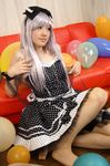  balloon balloons barefoot bow cosplay couch dress hair_bow hairbow nail_polish on_floor photo polka_dot polka_dot_dress red_upholstery ribbon saya saya_(cosplayer) silver_hair 